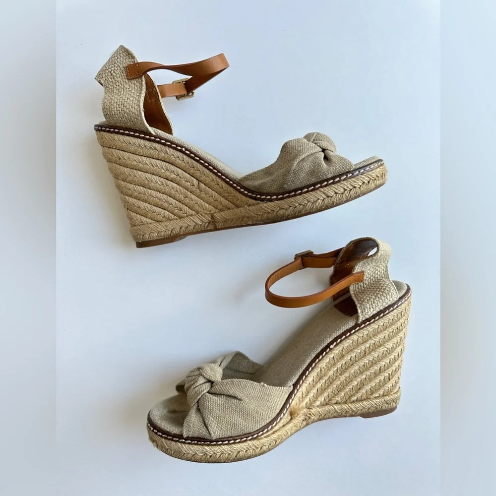Tory Burch Wedge Espadrille Heels Sandals Linen Beige Peep Toe Womens‎ 9.5B